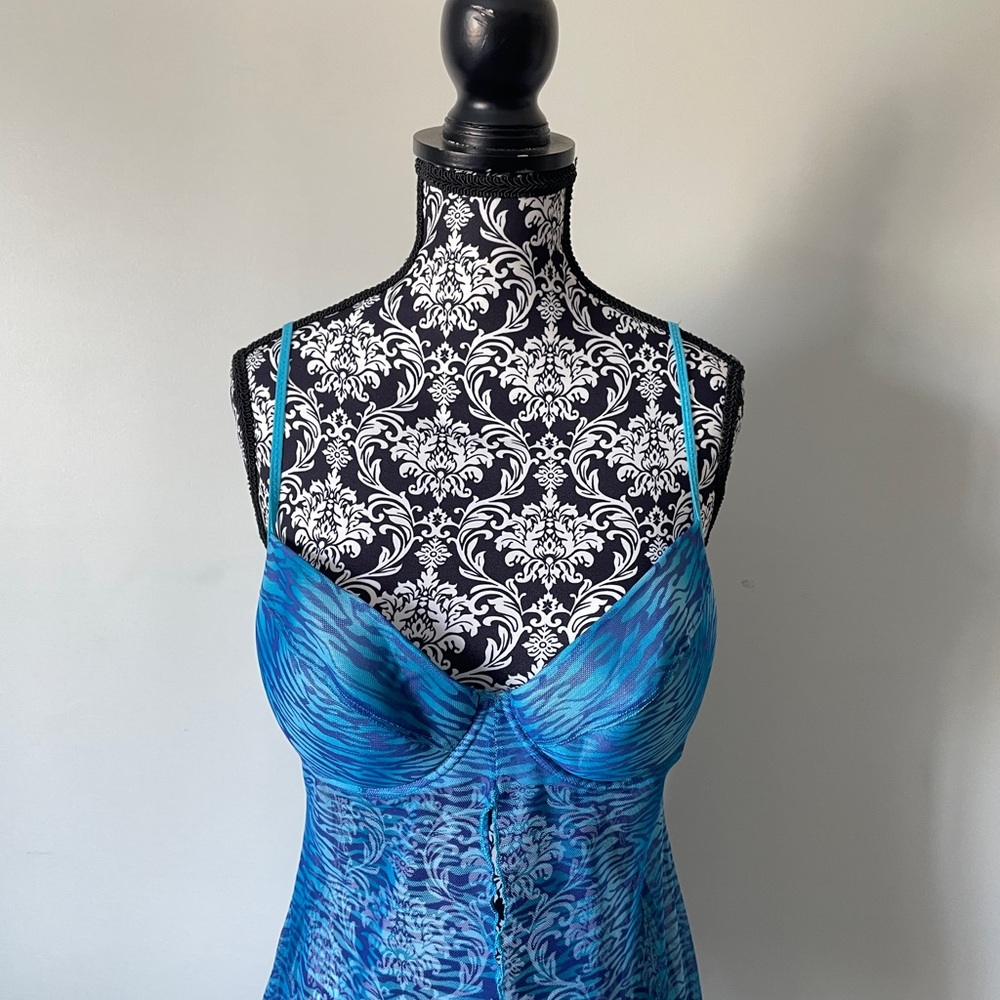 Y2K Babydoll LA SENZA Blue Zebra Damask Mesh Chemise Lingerie Slip SEE MSMTS - Picture 2 of 9